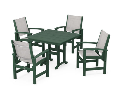 POLYWOOD® Coastal 5-Piece Farmhouse Dining Set in Green / Parchment Sling