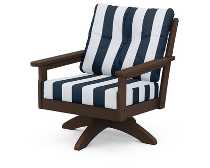 POLYWOOD® Vineyard Deep Seating Swivel Chair in Mahogany / Cabana Stripe Marine Indigo