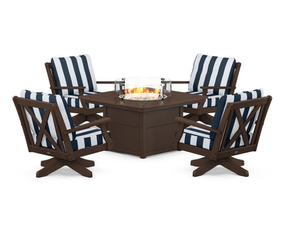 POLYWOOD® Braxton 5-Piece Deep Seating Swivel Conversation Set with Fire Pit Table in Mahogany / Cabana Stripe Marine Indigo