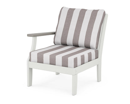 POLYWOOD® Braxton Modular Left Arm Chair in White / Driftwood / Cabana Stripe Grey Mist