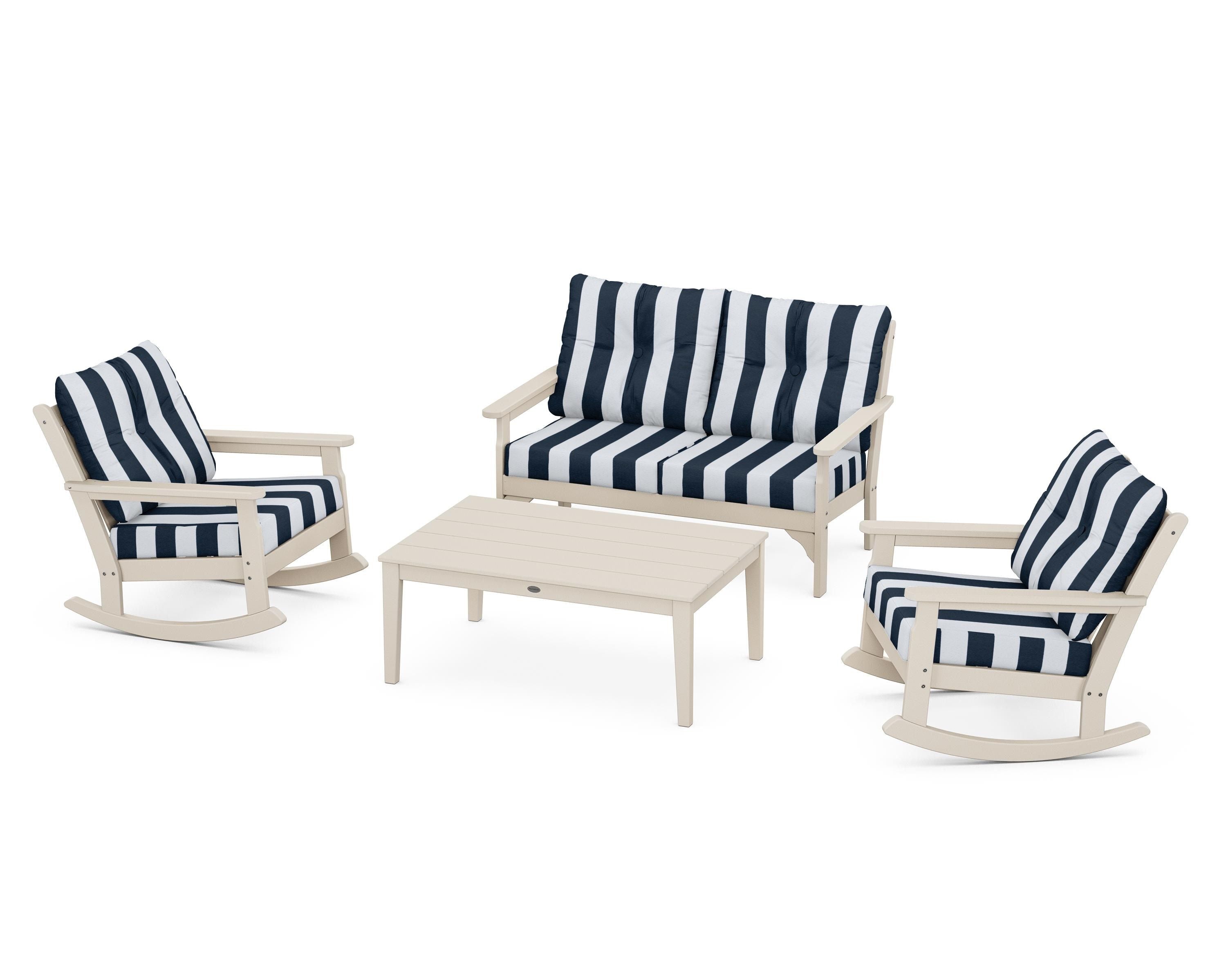 POLYWOOD® Vineyard 4-Piece Deep Seating Rocking Chair Set in Sand / Cabana Stripe Marine Indigo