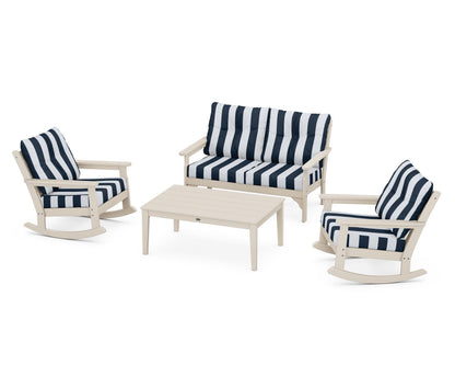POLYWOOD® Vineyard 4-Piece Deep Seating Rocking Chair Set in Sand / Cabana Stripe Marine Indigo