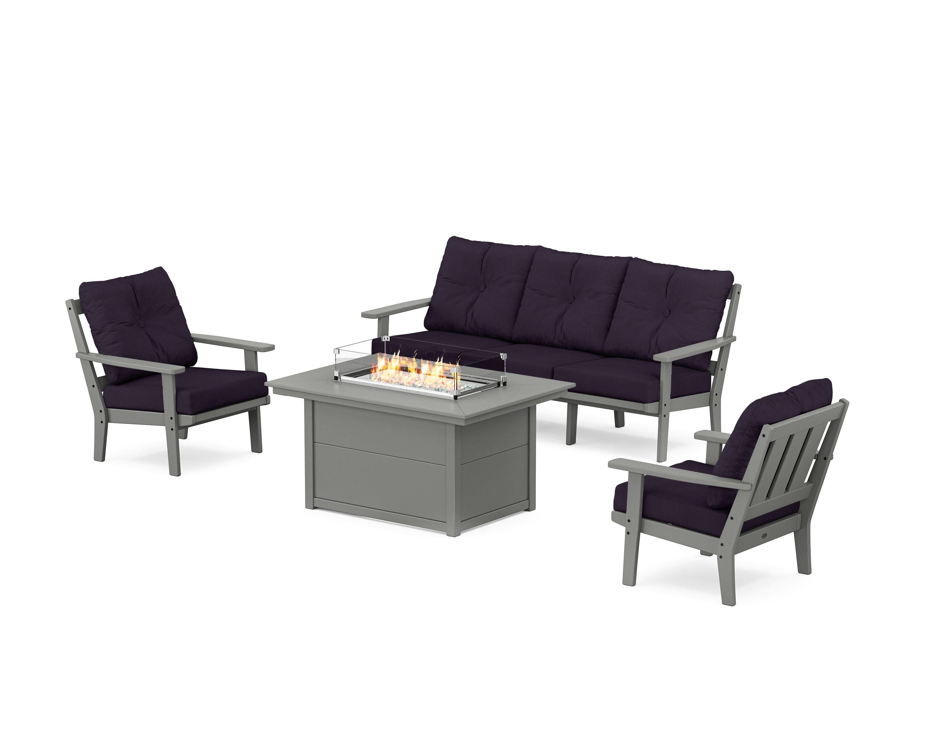 POLYWOOD® Oxford Deep Seating Fire Pit Table Set in Slate Grey / Navy Linen