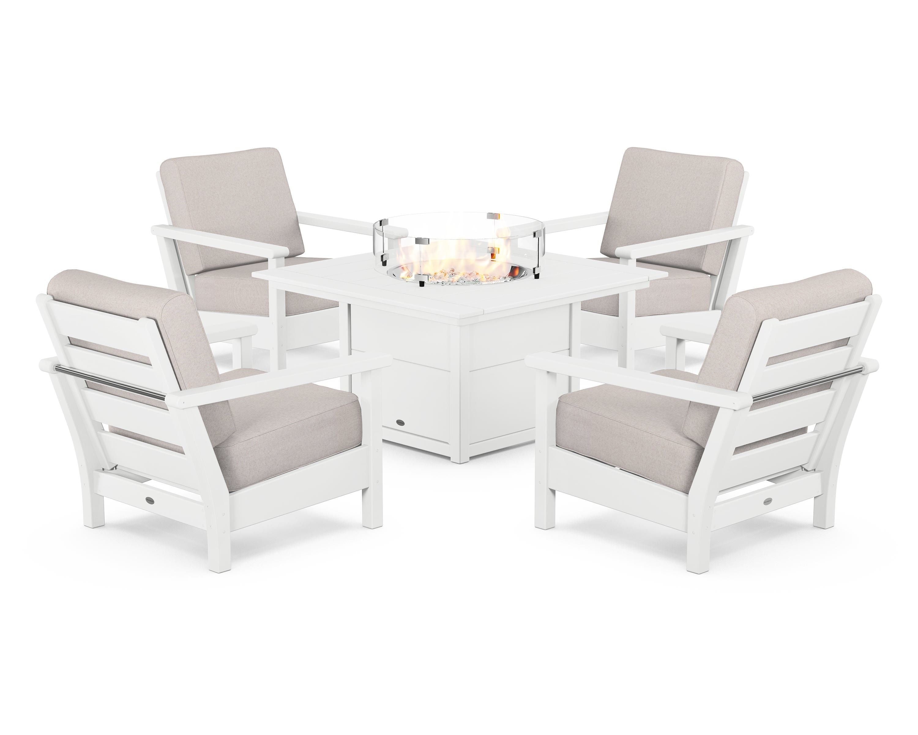 POLYWOOD® Harbour 5-Piece Conversation Set with Fire Pit Table in White / Dune Burlap
