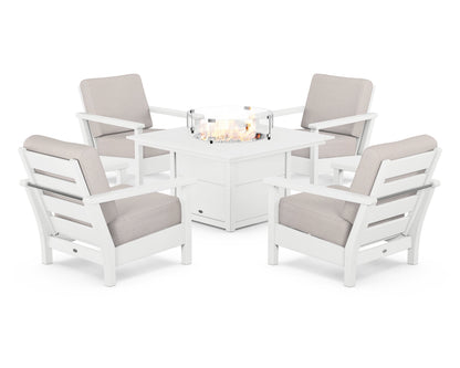 POLYWOOD® Harbour 5-Piece Conversation Set with Fire Pit Table in White / Dune Burlap
