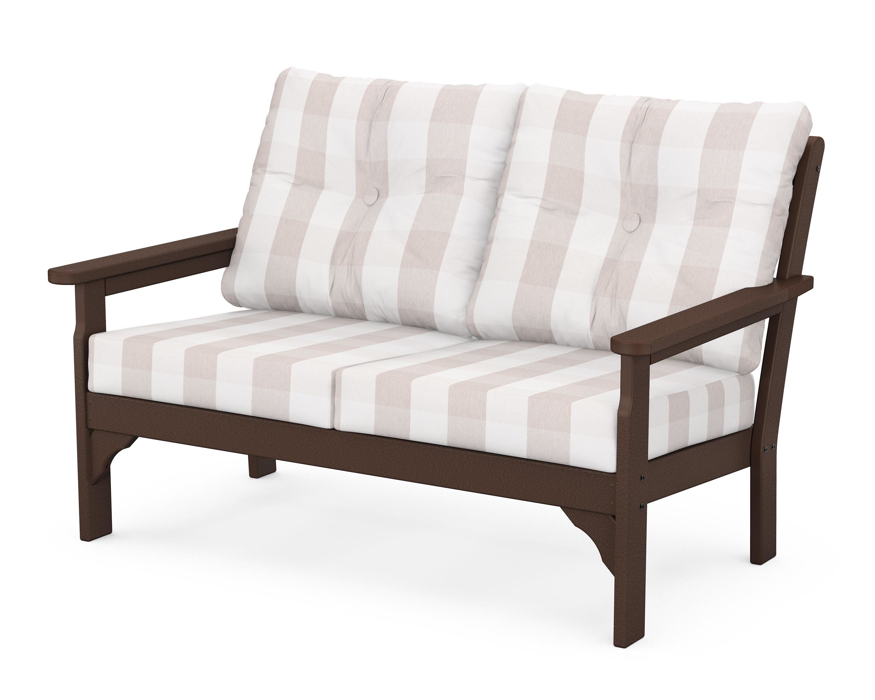 POLYWOOD® Vineyard Deep Seating Loveseat in Mahogany / Buffalo Plaid Dune Burlap