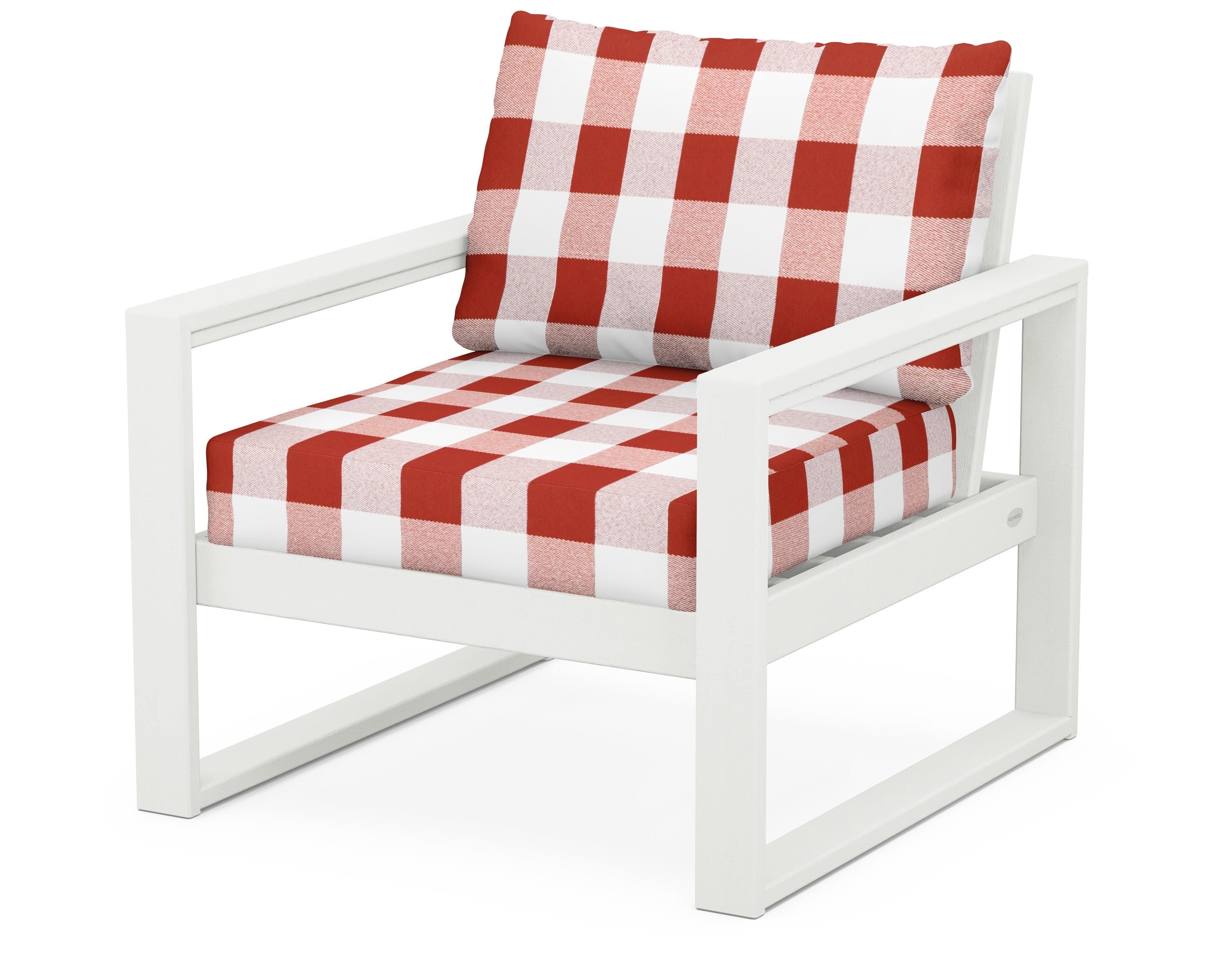 POLYWOOD® EDGE Club Chair in Vintage White / Buffalo Plaid Crimson