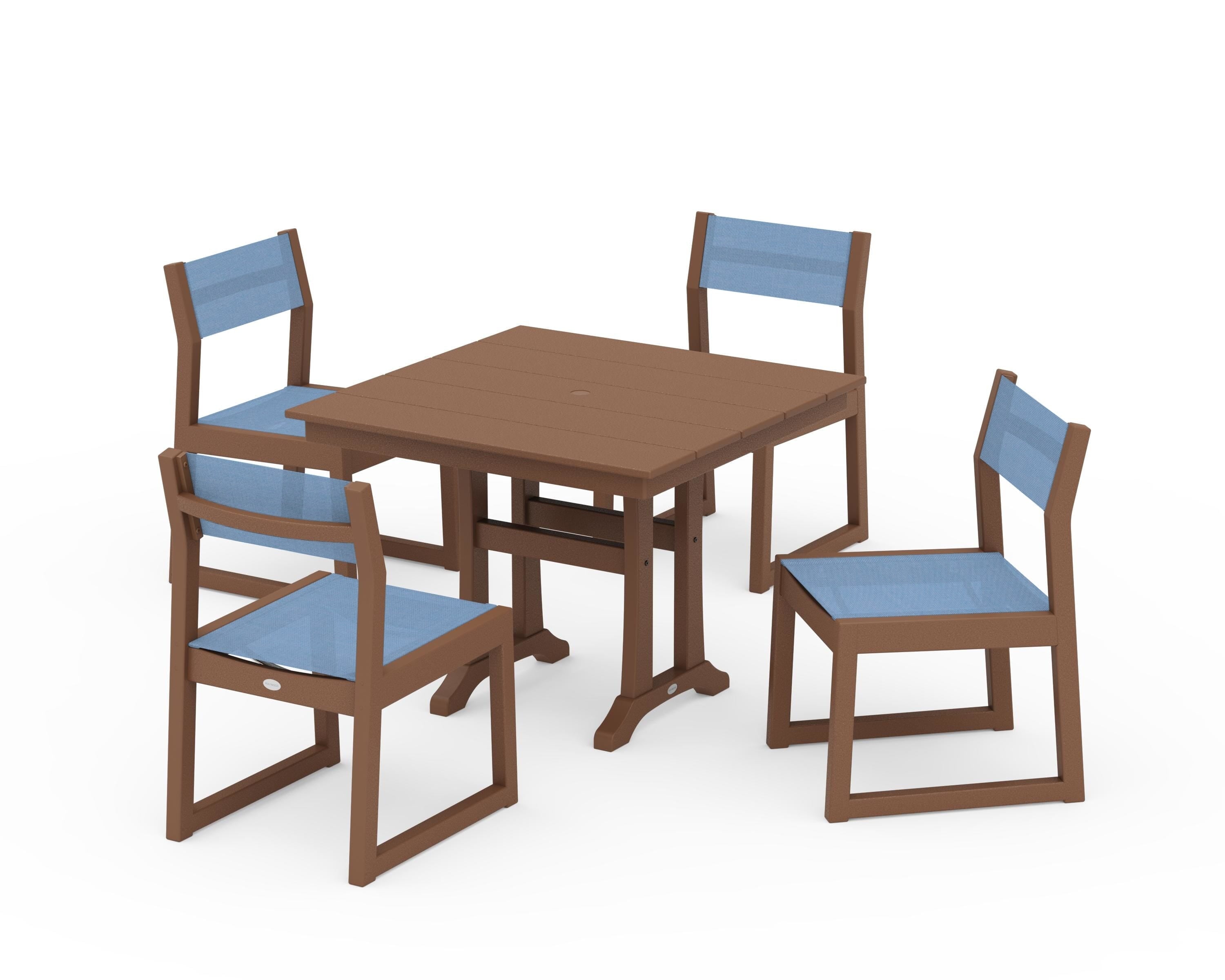 POLYWOOD® EDGE Sling 5-Piece Farmhouse Trestle Side Chair Dining Set in Teak / Poolside Sling