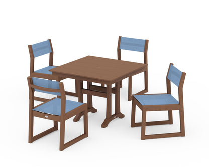 POLYWOOD® EDGE Sling 5-Piece Farmhouse Trestle Side Chair Dining Set in Teak / Poolside Sling