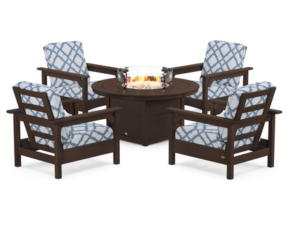 POLYWOOD® Club 5-Piece Conversation Set with Fire Pit Table in Mahogany / Trellis Sky Blue