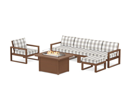 POLYWOOD® EDGE Sectional Lounge and Fire Pit Set in Teak / Buffalo Plaid Grey Mist