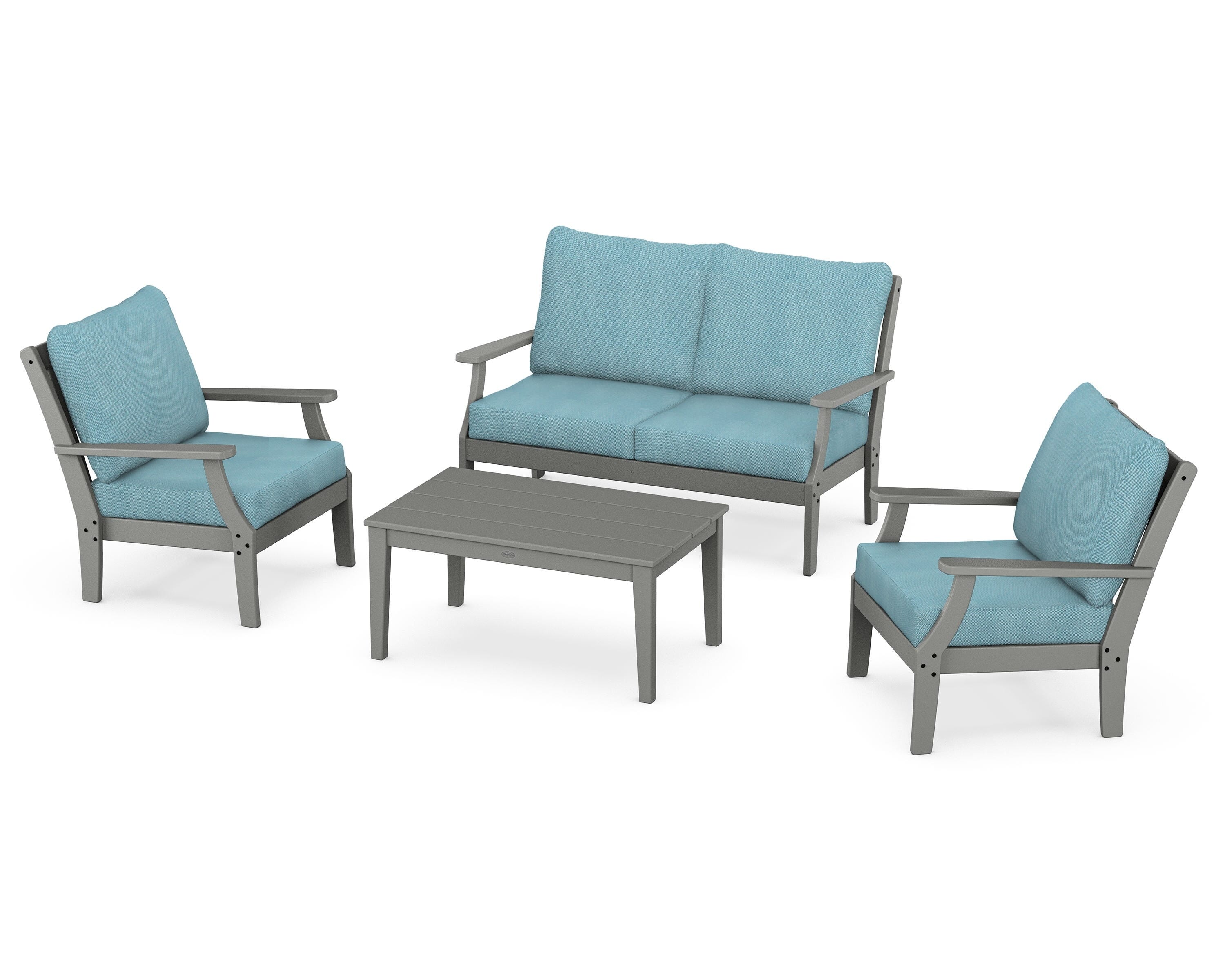POLYWOOD® Braxton 4-Piece Deep Seating Chair Set in Slate Grey / Lattice Sky Blue