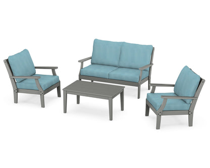 POLYWOOD® Braxton 4-Piece Deep Seating Chair Set in Slate Grey / Lattice Sky Blue