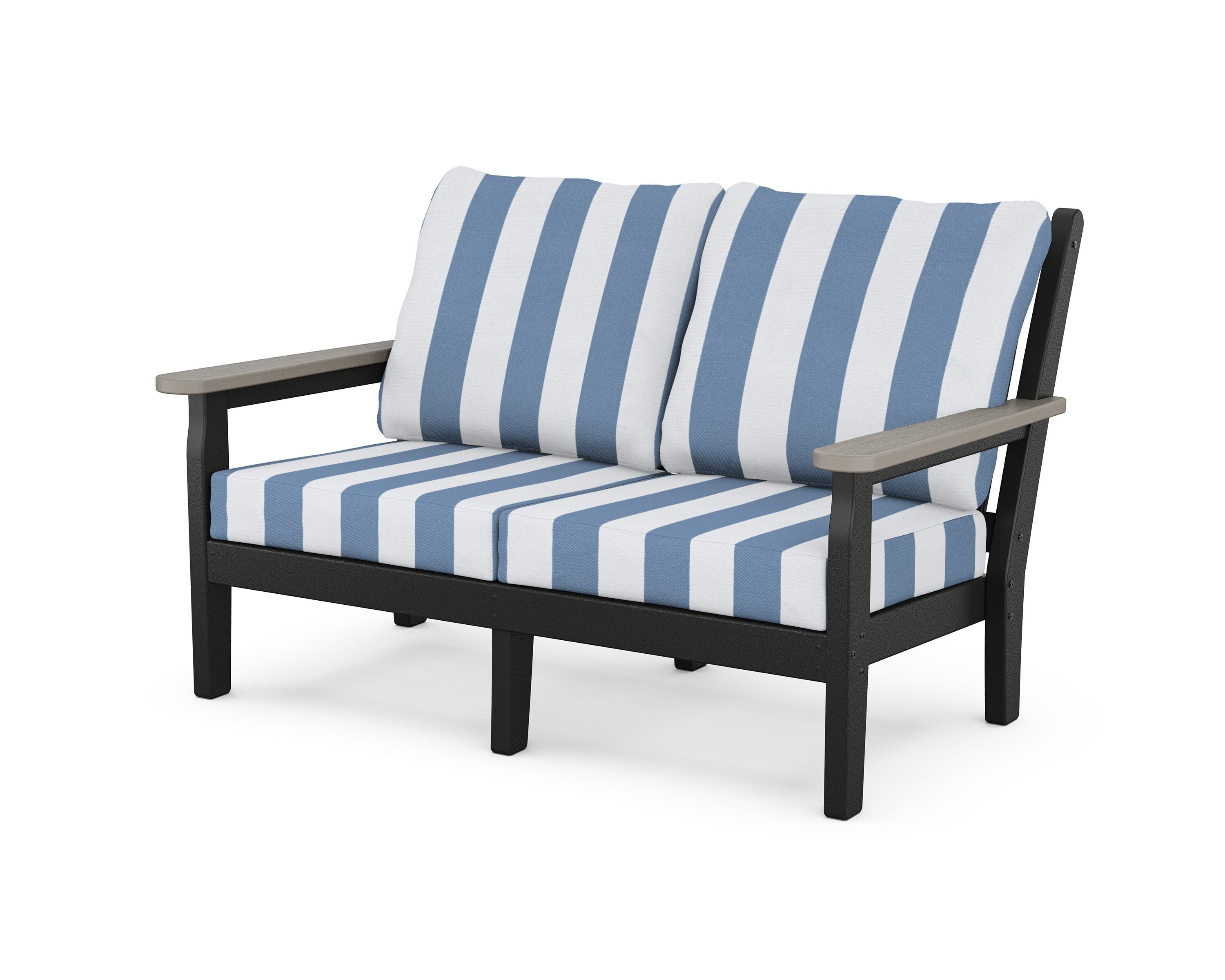 POLYWOOD® Chippendale Deep Seating Loveseat in Black / Driftwood / Cabana Stripe Sky Blue