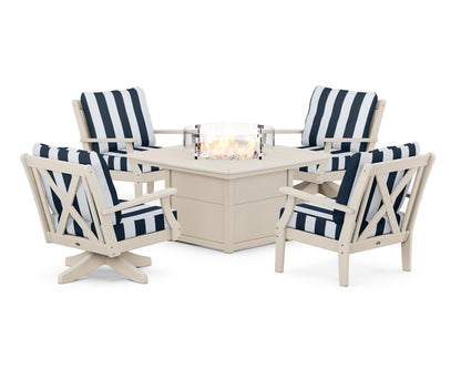 POLYWOOD® Braxton 5-Piece Deep Seating Set with Fire Table in Sand / Cabana Stripe Marine Indigo