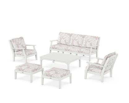 Martha Stewart by POLYWOOD® Chinoiserie 6-Piece Lounge Sofa Set in White / Leaf Dune Burlap