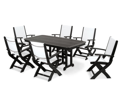 POLYWOOD® Coastal Folding Arm Chair 7-Piece Dining Set in Black / White Sling