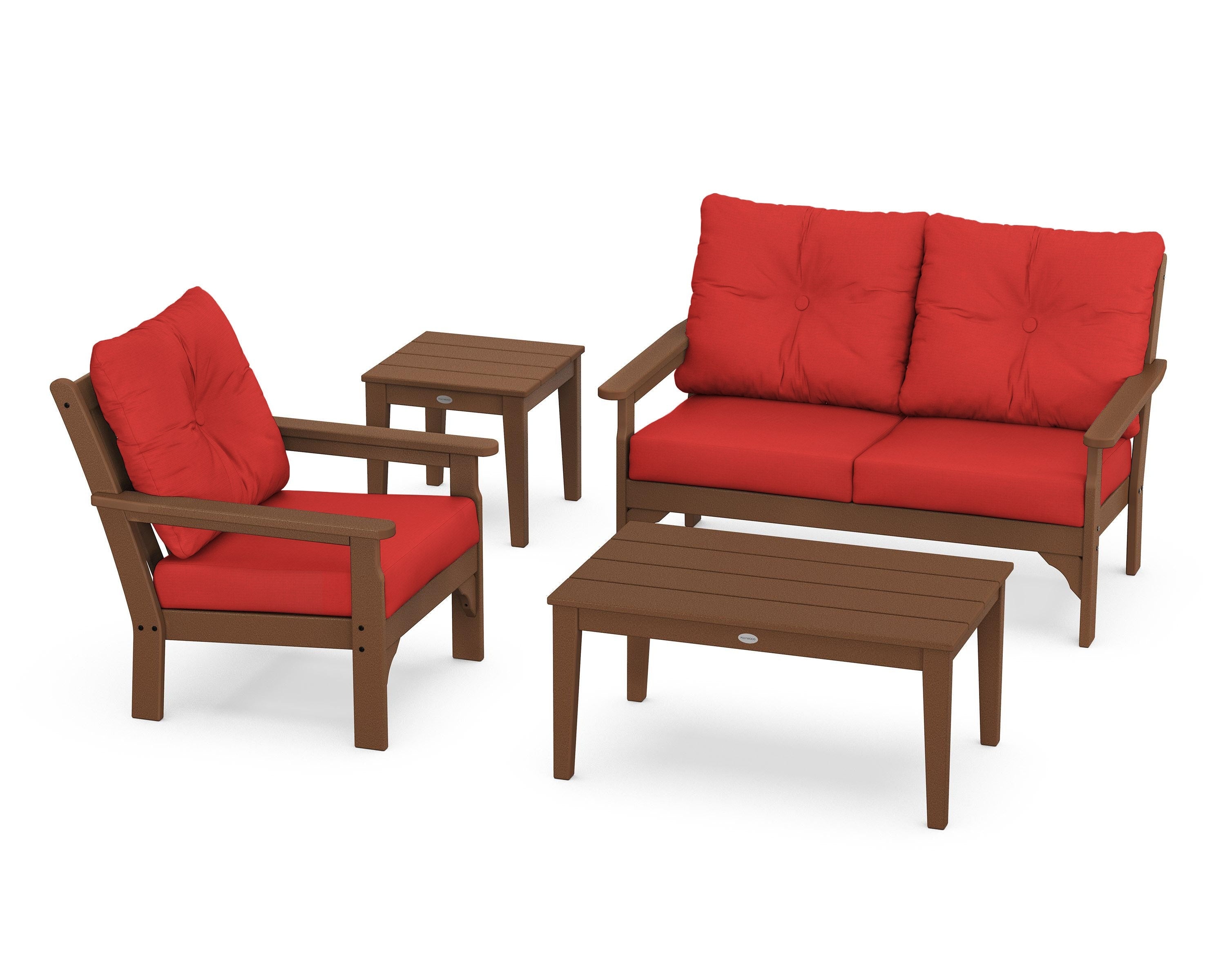 POLYWOOD® Vineyard 4-Piece Deep Seating Set in Teak / Crimson Linen