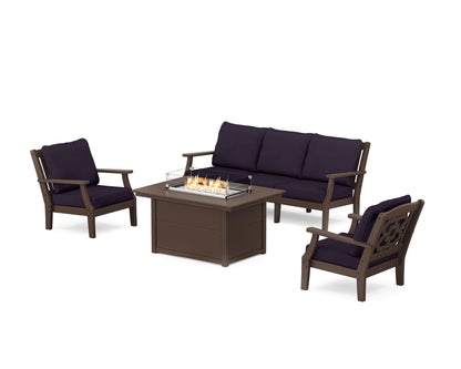 Martha Stewart by POLYWOOD® Chinoiserie Deep Seating Fire Pit Table Set in Mahogany / Navy Linen