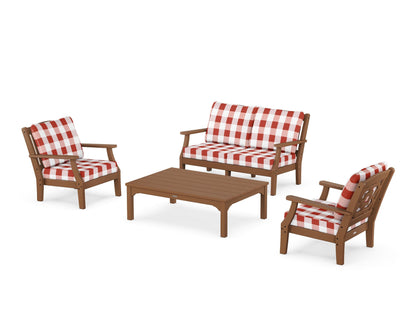 Martha Stewart by POLYWOOD® Chinoiserie 4-Piece Deep Seating Set with Loveseat in Teak / Buffalo Plaid Crimson