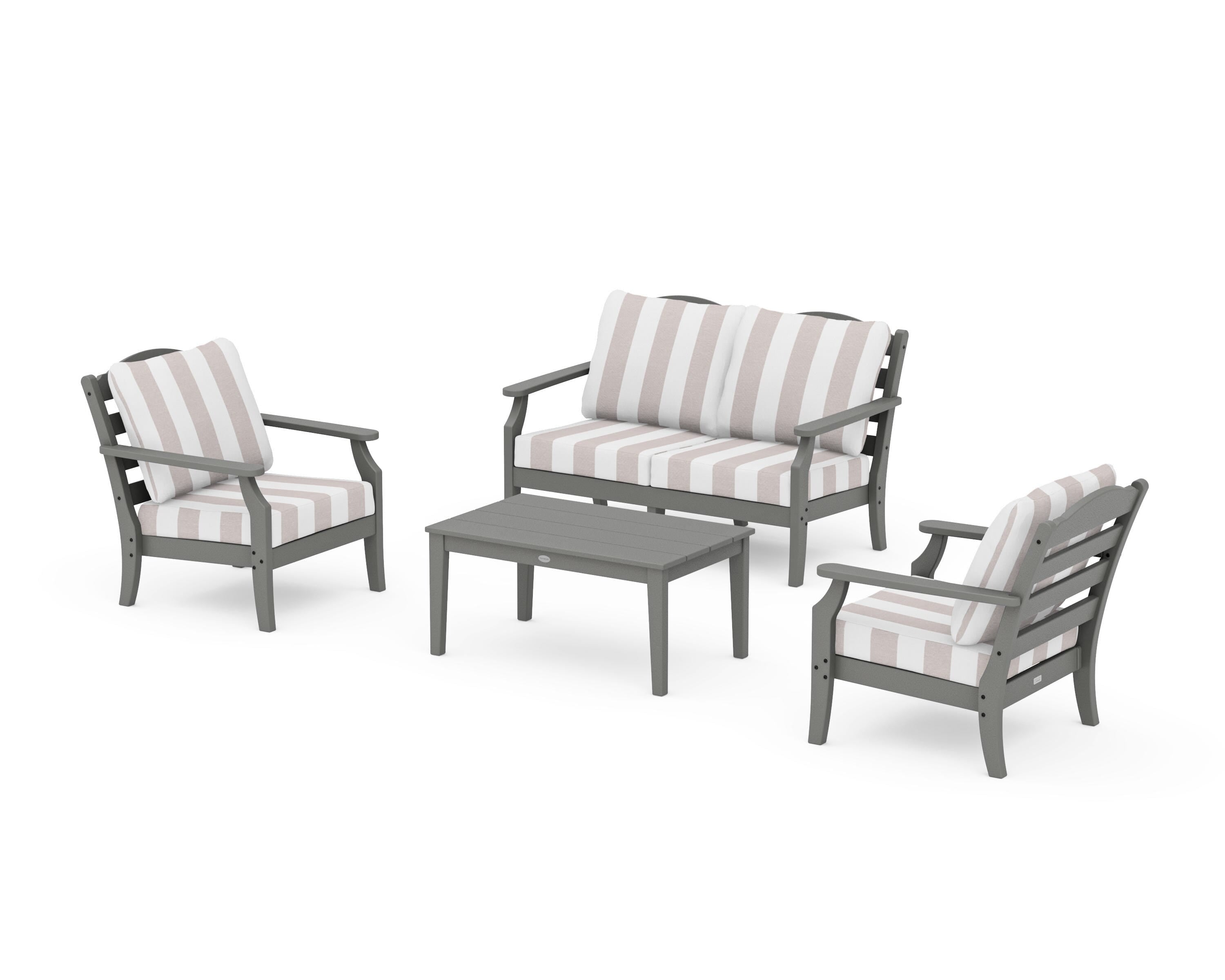 Draper James™ by  POLYWOOD® Savannah 4-Piece Deep Seating Set with Loveseat in Slate Grey / Cabana Stripe Dune Burlap