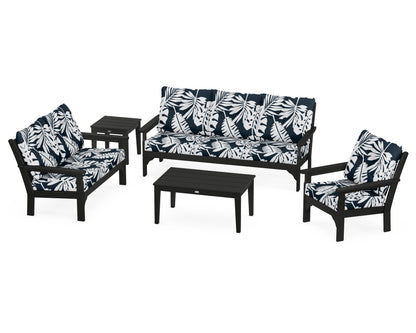 POLYWOOD® Vineyard 5 Piece Deep Seating Set in Black / Leaf Marine Indigo