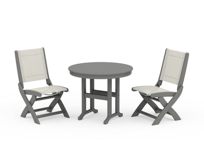 POLYWOOD® Coastal Folding Side Chair 3-Piece Round Dining Set in Slate Grey / Parchment Sling