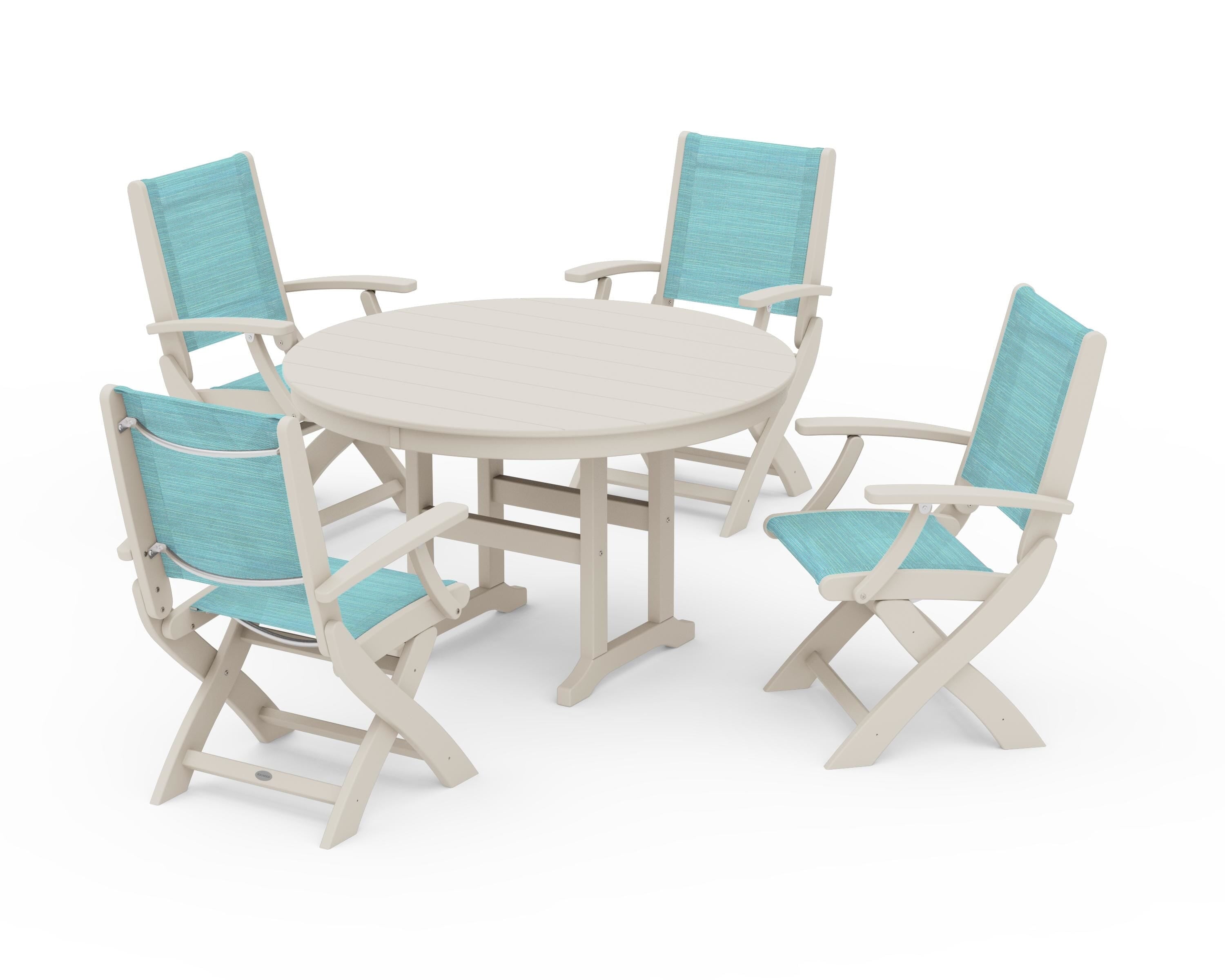 POLYWOOD® Coastal Folding Chair 5-Piece Round Dining Set in Sand / Dupioni Aquamarine Sling