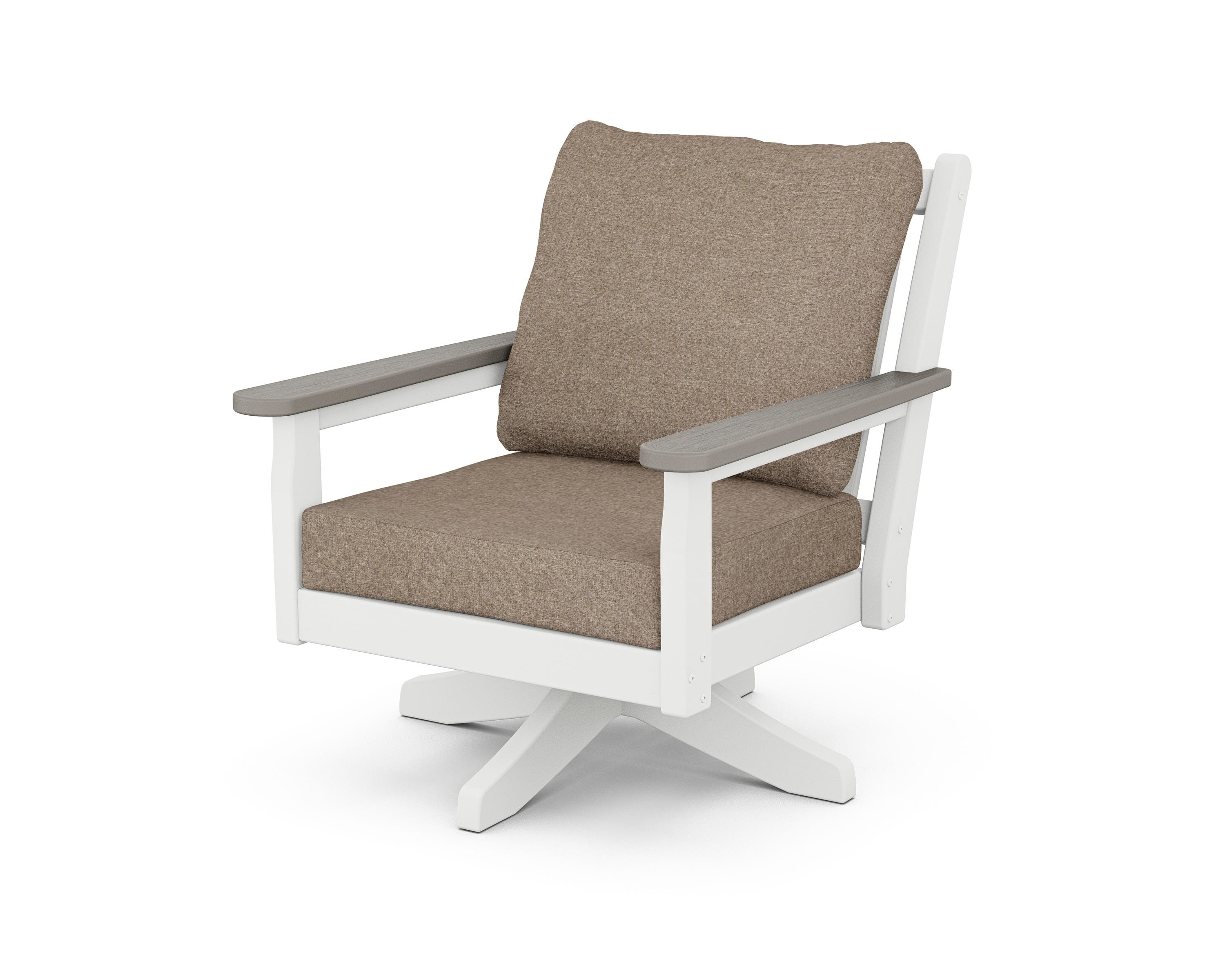 POLYWOOD® Chippendale Deep Seating Swivel Chair in White / Driftwood / Spiced Burlap