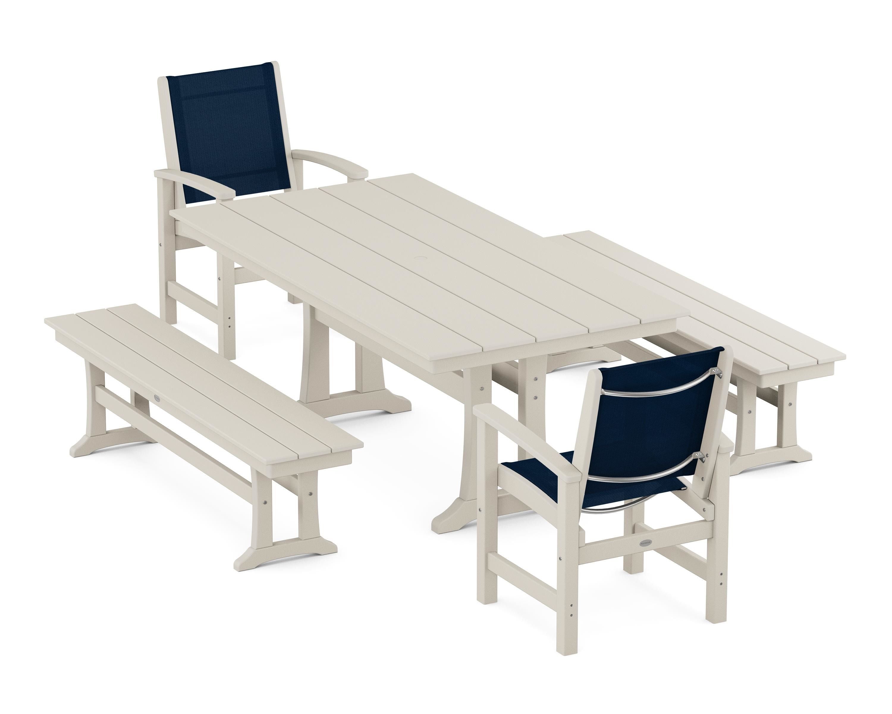 POLYWOOD® Coastal 5-Piece Farmhouse Dining Set with Trestle Legs and Benches in Sand / Navy Blue Sling