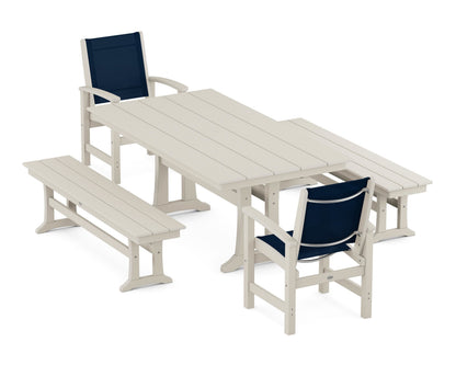 POLYWOOD® Coastal 5-Piece Farmhouse Dining Set with Trestle Legs and Benches in Sand / Navy Blue Sling