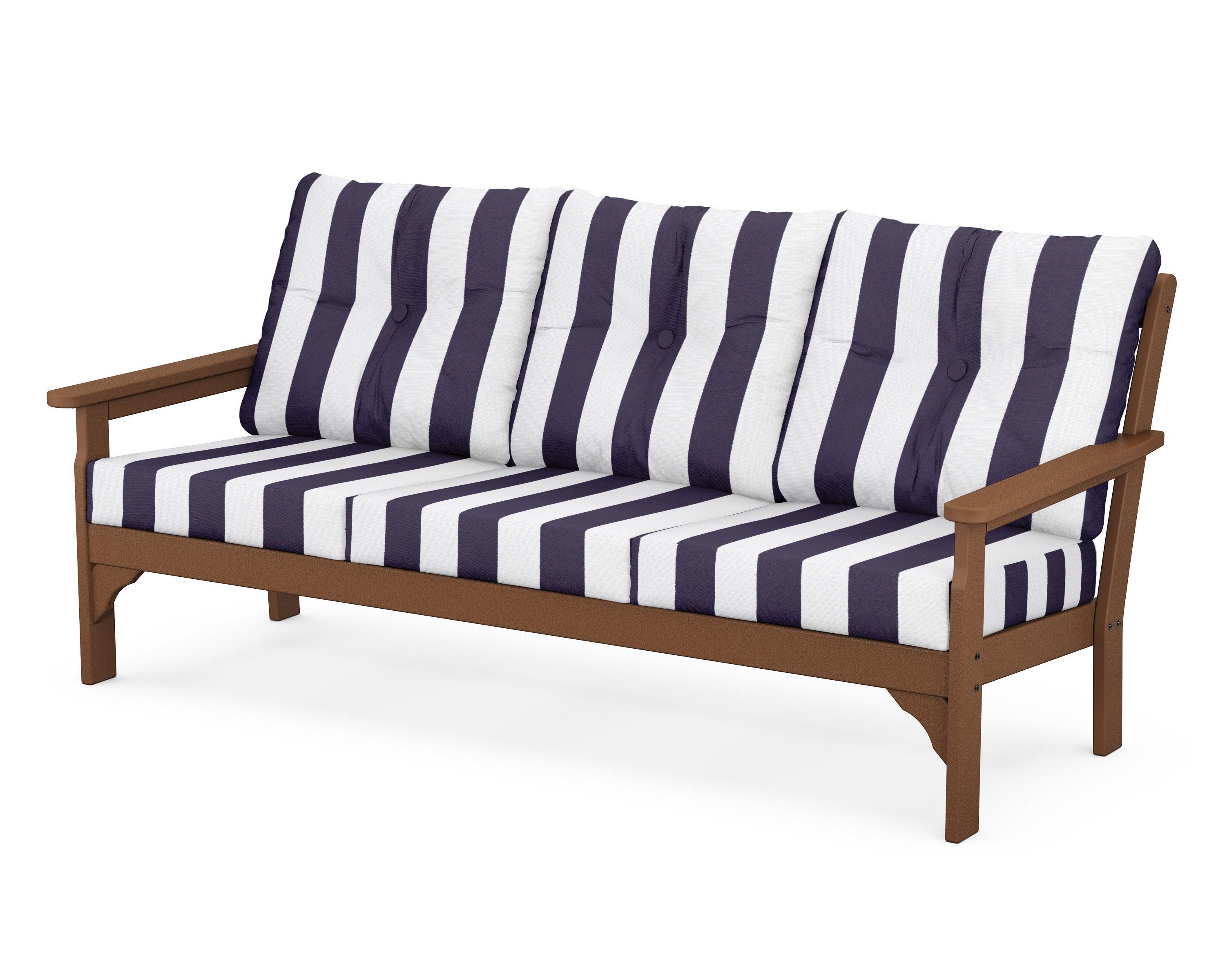 POLYWOOD® Vineyard Deep Seating Sofa in Teak / Cabana Stripe Navy