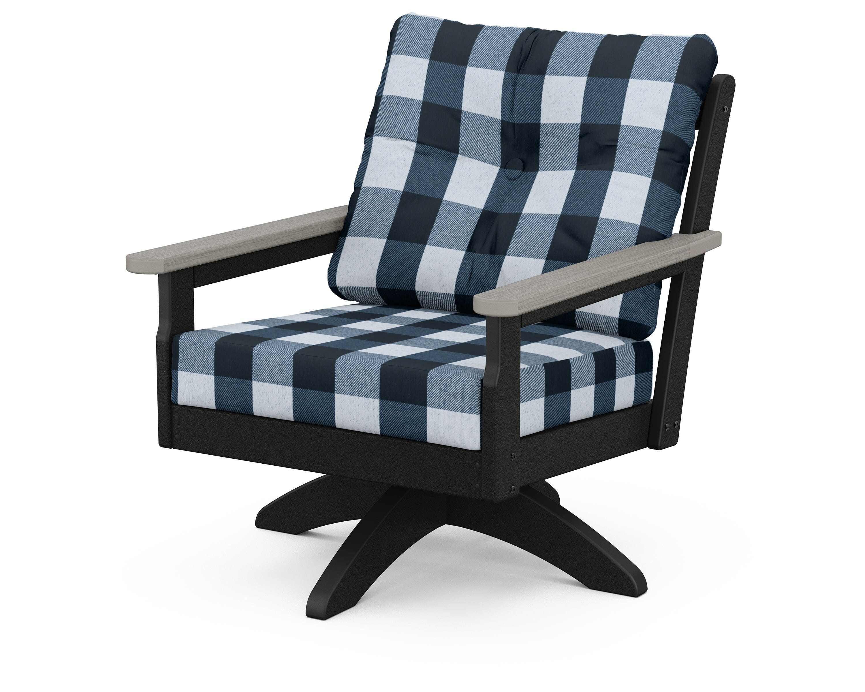 POLYWOOD® Vineyard Deep Seating Swivel Chair in Black / Driftwood / Buffalo Plaid Marine Indigo