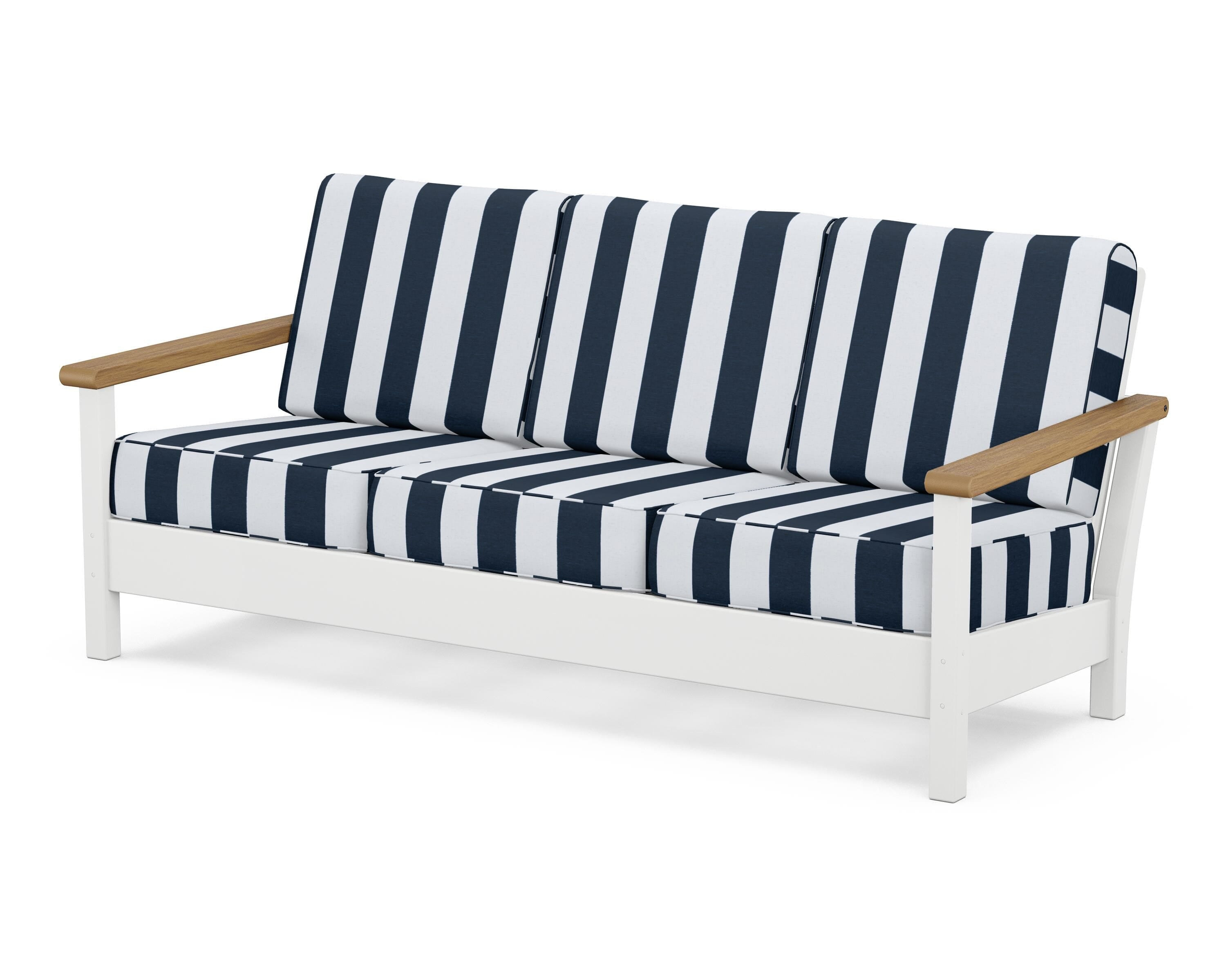 POLYWOOD® Harbour Deep Seating Sofa in White / Natural / Cabana Stripe Marine Indigo