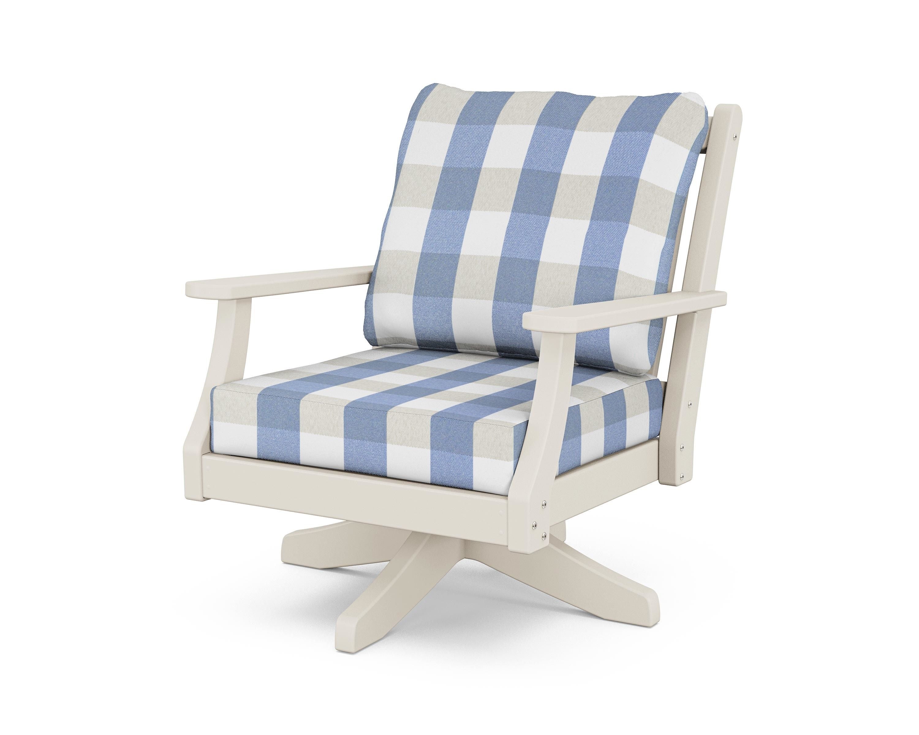 Country Living Wovendale Deep Seating Swivel Chair in Sand / Buffalo Plaid Sky Blue