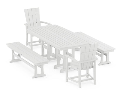 POLYWOOD® Quattro 5-Piece Farmhouse Dining Set with Benches in White