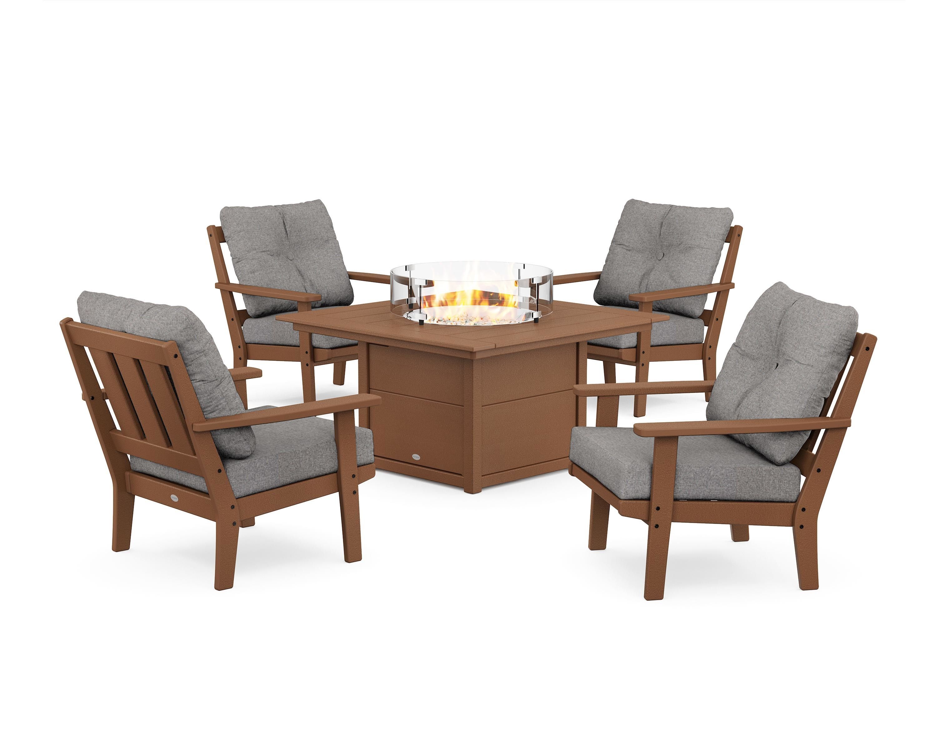 POLYWOOD® Oxford 5-Piece Deep Seating Set with Fire Pit Table in Teak / Grey Mist