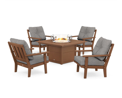 POLYWOOD® Oxford 5-Piece Deep Seating Set with Fire Pit Table in Teak / Grey Mist
