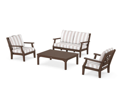 Martha Stewart by POLYWOOD® Chinoiserie 4-Piece Deep Seating Set with Loveseat in Mahogany / Cabana Stripe Dune Burlap