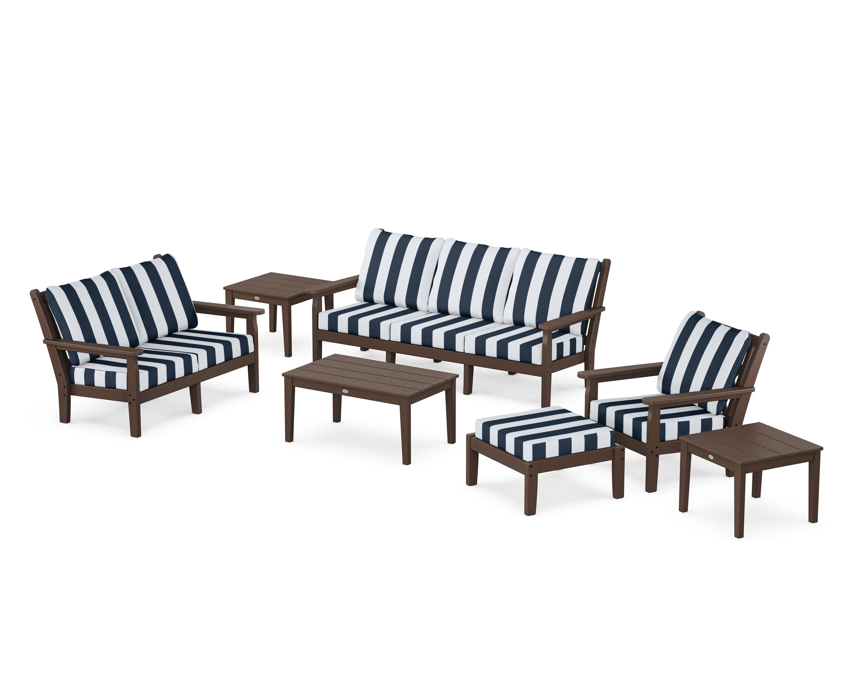POLYWOOD® Chippendale 7-Piece Deep Seating Set in Mahogany / Cabana Stripe Marine Indigo