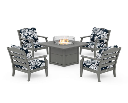 Draper James™ by  POLYWOOD® Savannah 5-Piece Deep Seating Set with Fire Pit Table in Slate Grey / Leaf Marine Indigo
