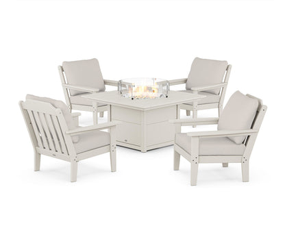 Country Living Cottage 5-Piece Deep Seating Set with Fire Pit Table in Sand / Cast Ash