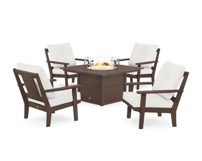 POLYWOOD® Prairie 5-Piece Deep Seating Set with Fire Pit Table in Mahogany / Natural Linen