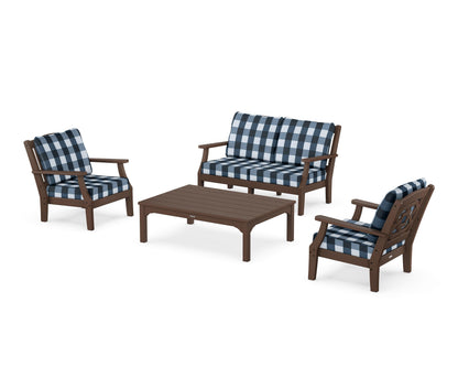 Martha Stewart by POLYWOOD® Chinoiserie 4-Piece Deep Seating Set with Loveseat in Mahogany / Buffalo Plaid Marine Indigo