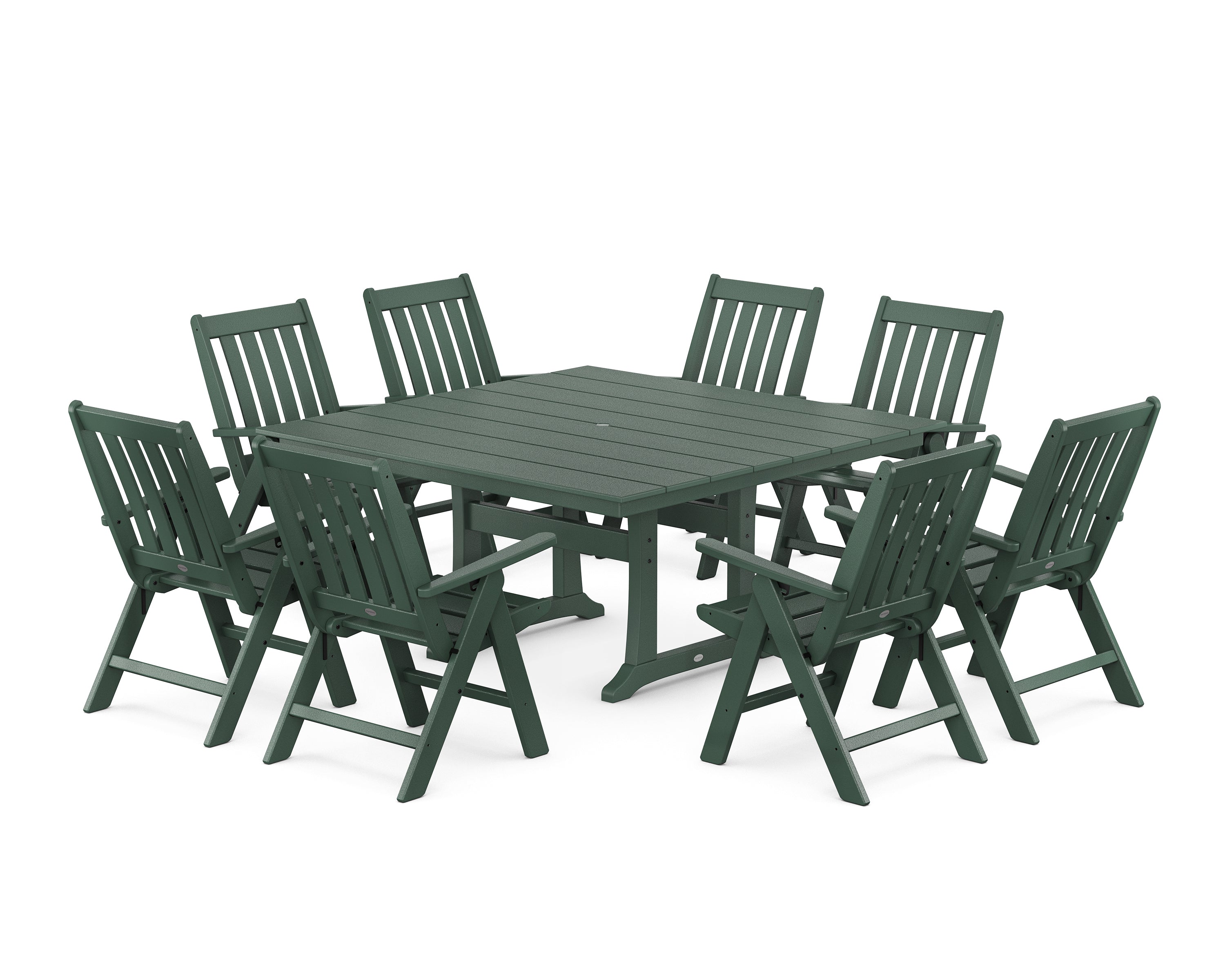 POLYWOOD® Vineyard Folding Chair 9-Piece Square Farmhouse Dining Set with Trestle Legs in Green