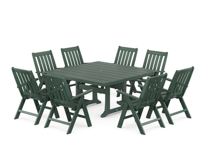 POLYWOOD® Vineyard Folding Chair 9-Piece Square Farmhouse Dining Set with Trestle Legs in Green