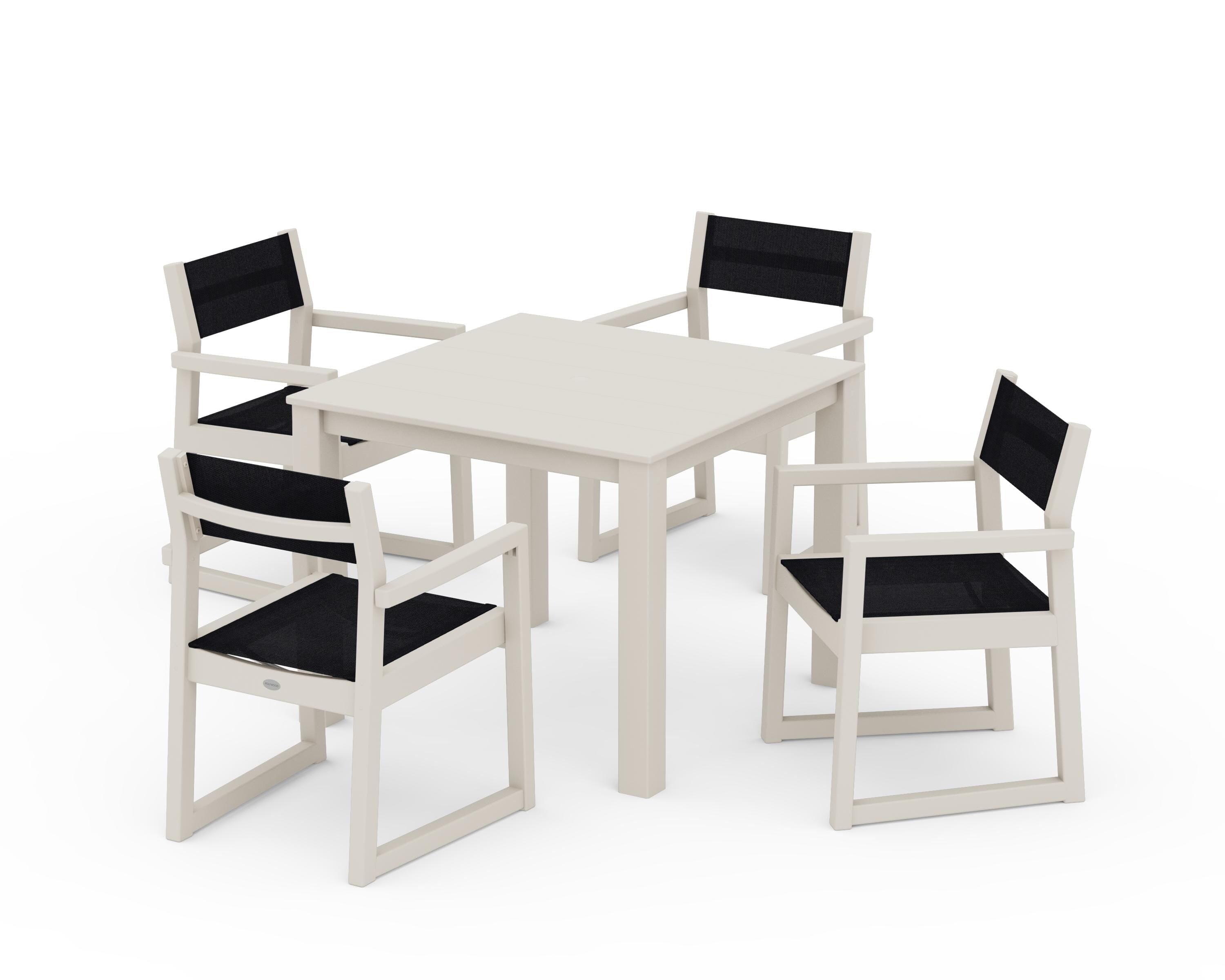 POLYWOOD® EDGE Sling Arm Chair 5-Piece Parsons Dining Set in Sand / Black Sling