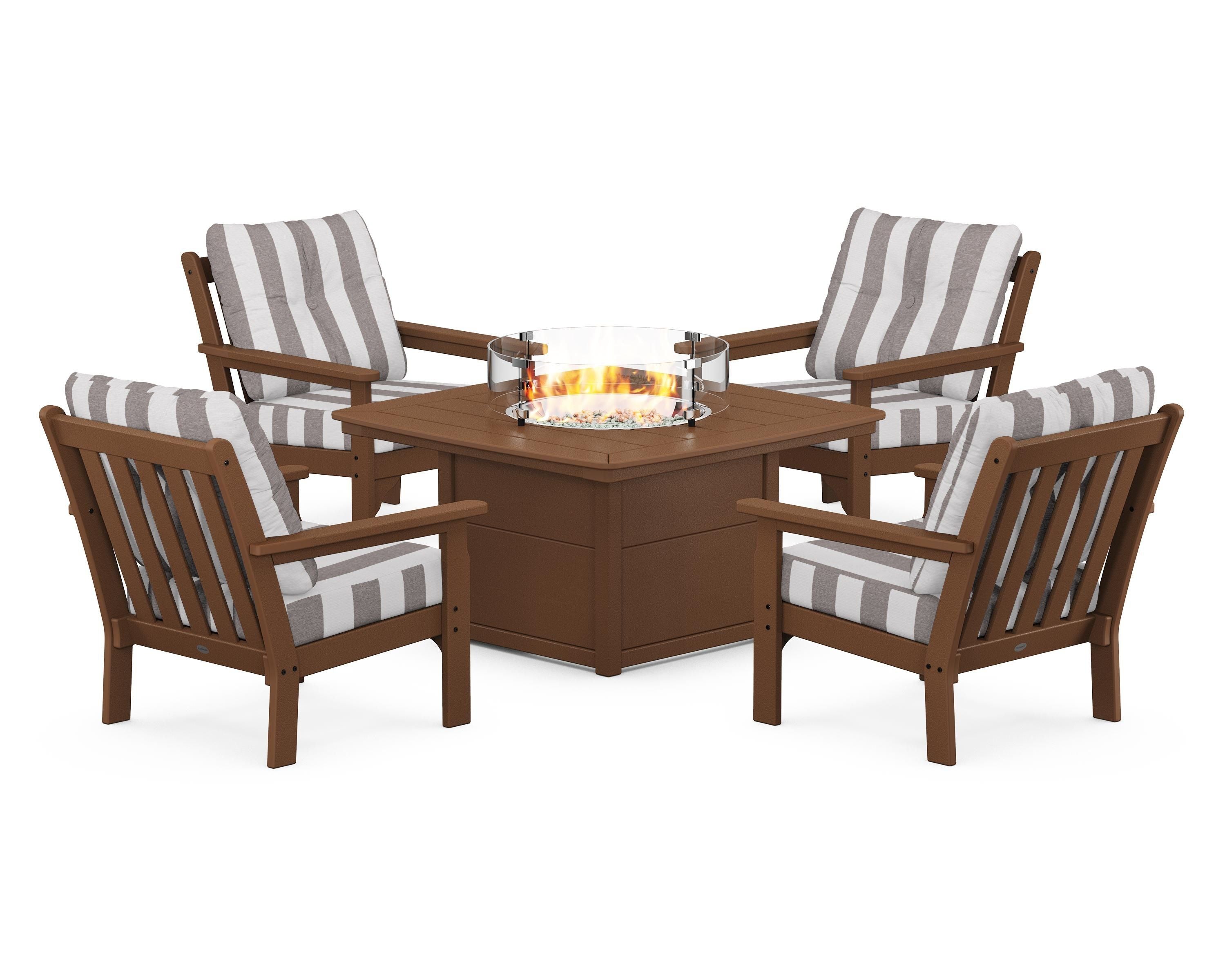 POLYWOOD® Vineyard 5-Piece Conversation Set with Fire Pit Table in Teak / Cabana Stripe Grey Mist