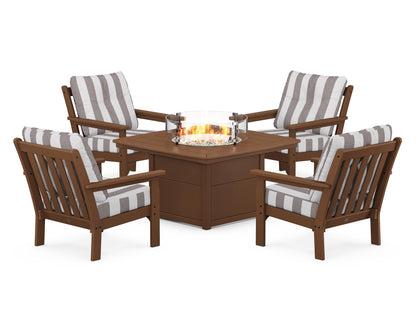 POLYWOOD® Vineyard 5-Piece Conversation Set with Fire Pit Table in Teak / Cabana Stripe Grey Mist