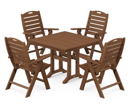 POLYWOOD® Nautical Folding Highback Chair 5-Piece Farmhouse Trestle Dining Set in Teak